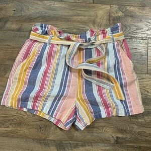 ana Striped Linen Cotton High Waist Paperbag Shorts Large EUC